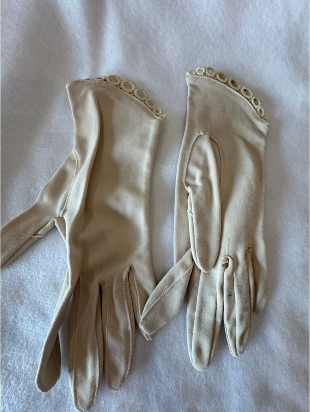 Vintage Ivory Nylon Gloves with Rhinestone and Lace Trim Group of 3